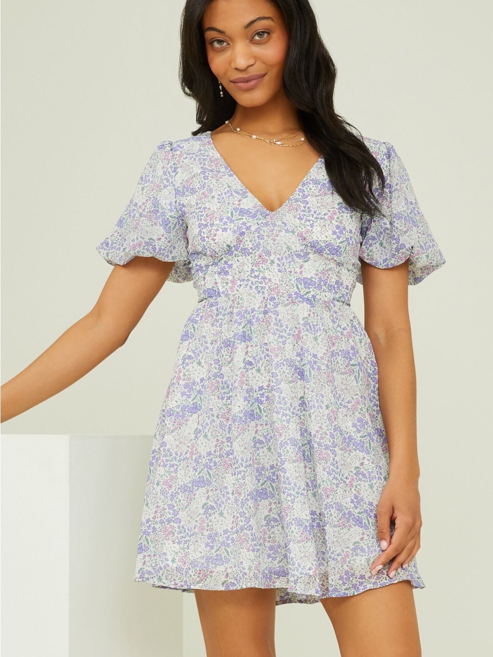 Altar'd State Tatum Dress - Lavender Floral V-Neck Tiered Mini Dress